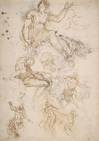 图形研究坐着的女性手里拿着一本书，两个头上有胡子的男人，坐着的男性裸体，还有四幅基督审判的草图`Figure Studies; Seated Female Holding a Book, Two Heads of Bearded Men, Seated Male Nude, and Four Sketches for Christ Judging (1548–1628) by Jacopo Palma il Giovane