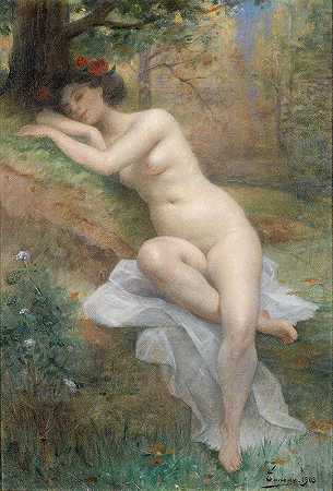 森林风景中的女性裸体`Female nude in a forest landscape (1903) by Henri Adrien Tanoux