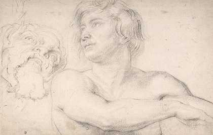 一个裸体男子的半身像，面朝左边，是一个色狼的头`Half~Figure of a Nude Man Facing Left, Head of a Satyr by Circle of Peter Paul Rubens