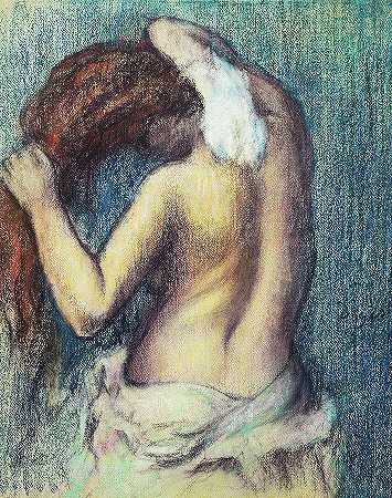 洗完澡后，女人在擦干自己`Woman Drying Herself, After the Bath by Edgar Degas