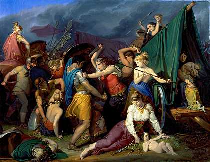 西伯族的妇女，保卫她们的战车对抗罗马人`The Women of the Cimbers, defending their chariot against the Romans (1836) by Wilhelm Lindenschmit the Elder