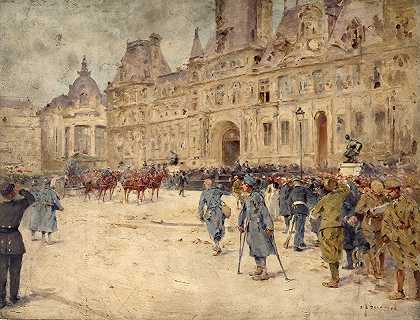 残废者在广场参加加利尼将军的葬礼。市政厅（1916年6月1日）`Les mutilés assistent aux obsèques du général Galliéni, sur la place de lHôtel~de~Ville (1er juin 1916) (1916) by Ernest Jean delahaye