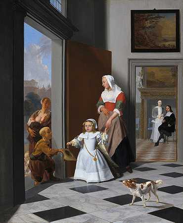 一个护士和一个孩子在一个优雅的门厅里`A Nurse and a Child in an Elegant Foyer (1663) by Jacob Ochtervelt