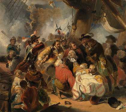 米切尔·德鲁伊特在1676年的埃特纳战役中受了致命伤`Michiel de Ruyter is mortally wounded in the battle of Etna, Anno 1676 (1859 – 1863) by Nicolaas Pieneman