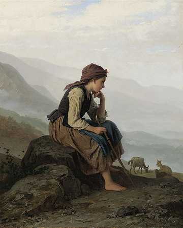 小山羊牧人（小山羊牧人）`Die Ziegenhirtin (The Little Goat Herder) (1869) by Johann Georg Meyer von Bremen