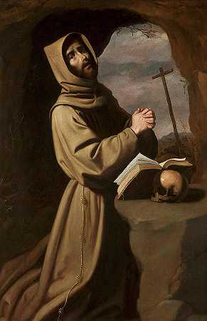 圣方济各在洞穴中祈祷`Saint Francis in Prayer in a Grotto by Francisco de Zurbaran