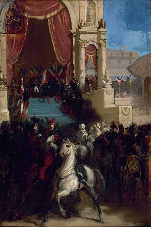 1852年5月10日，在火星上分发鹰和祝福旗`Distribution des aigles et la bénédiction des drapeaux, le 10 mai 1852, au Champ~de~Mars (1855) by Isidore Pils