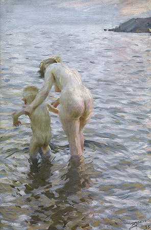 与母亲，1895年`With Mother, 1895 by Anders Zorn