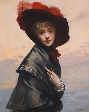 起首夫人`Dame au chapeau by Gustave Jean Jacquet