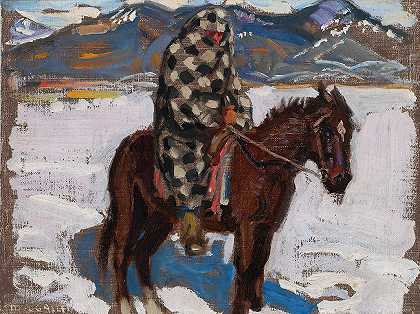 Indian On Horseback In Snow`Indian On Horseback In Snow (1925) by Akseli Gallen-Kallela