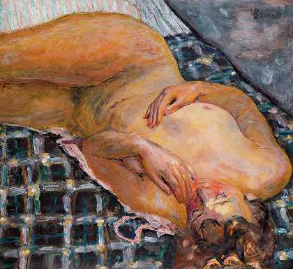 裸体斜靠在白色和蓝色格子布上`Reclining Nude against a White and Blue Plaid by Pierre Bonnard
