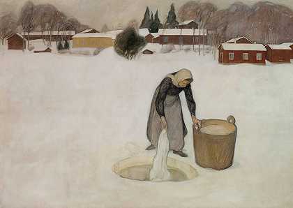 在冰上洗`Washing on the Ice (1900) by Pekka Halonen