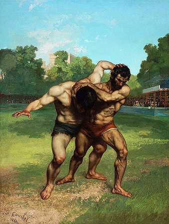 摔跤手，1853年`The Wrestlers, 1853 by Gustave Courbet