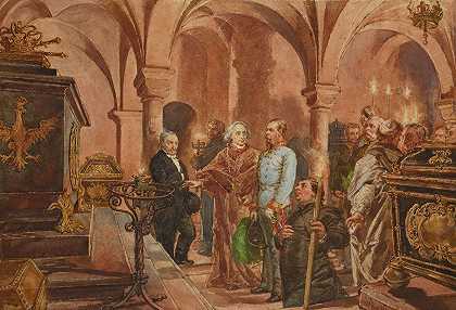圣伦纳德&年约翰三世索比斯基石棺前的皇帝瓦维尔大教堂下的地下室`The Emperor in Front of the Sarcophagus of John III Sobieski in Saint Leonards Crypt under the Wawel Cathedral (1881) by Jan Matejko