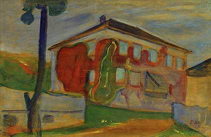 有红色弗吉尼亚藤蔓植物的房子`House with Red Virginia Creeper by Edvard Munch