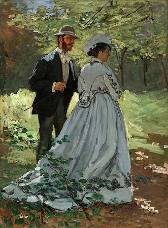 巴兹尔和卡米尔，散步者`Bazille and Camille, The Promenaders by Claude Monet