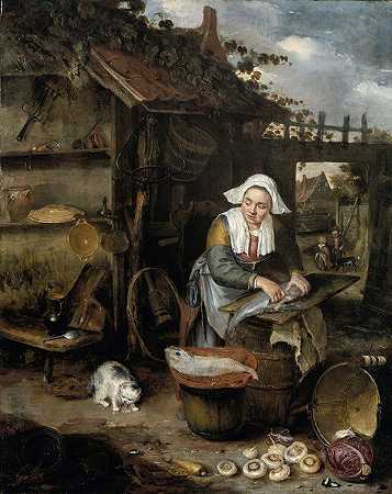 一位家庭主妇在院子里清理鱼`A Housewife in an inner Courtyard Cleaning Fish (1639 ~ 1649) by Hendrik Potuyl