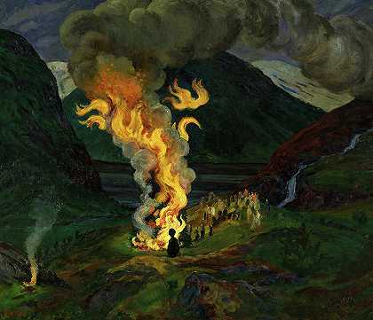 篝火庆祝仲夏夜`Bonfire Celebrating Midsummer Night by Nikolai Astrup