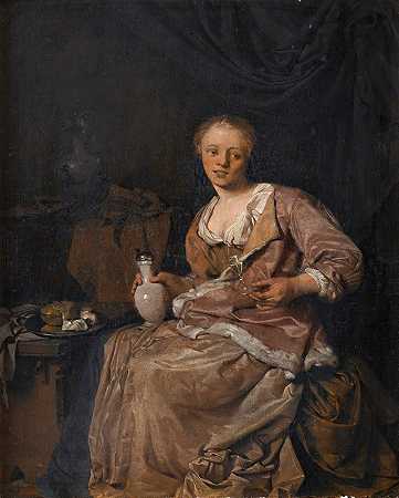 室内有一杯葡萄酒的年轻女孩`Young girl having a glass of wine in an interior by Cornelis Pietersz. Bega