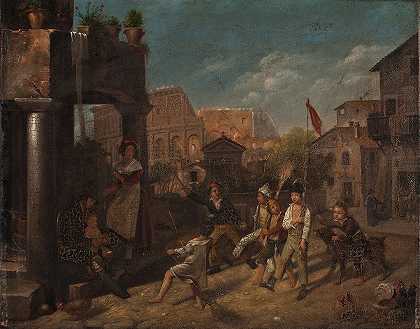 在罗马街上玩耍的孩子们`Children Playing In A Roman Street (1838) by Francesco Diofebi