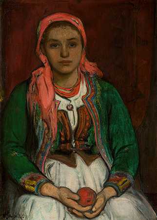 拿着苹果的来自高地的年轻女子`Young woman from the Highlands with an apple (circa 1907) by Władysław Ślewiński