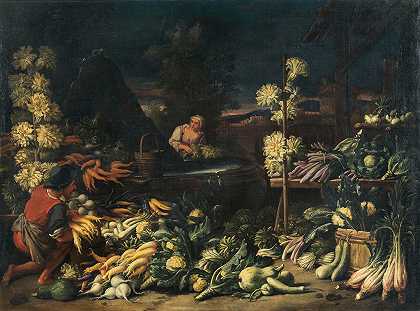 水果销售商`Fruit sellers by a fountain with vegetables and flowers by a fountain with vegetables and flowers by Francesco della Questa