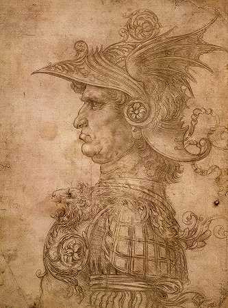 侧面是一名战士的半身像，戴着带翅膀的头盔和盔甲，胸甲上有一头狮子`Bust of a Warrior in Profile, Wearing a Winged Helmet and Armour bearing a Lion on the Breastplate by Leonardo da Vinci