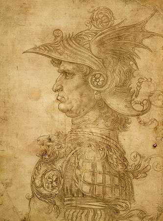 侧面是一名战士的半身像，戴着带翼头盔`Bust of a Warrior in Profile, Wearing a Winged Helmet by Leonardo da Vinci