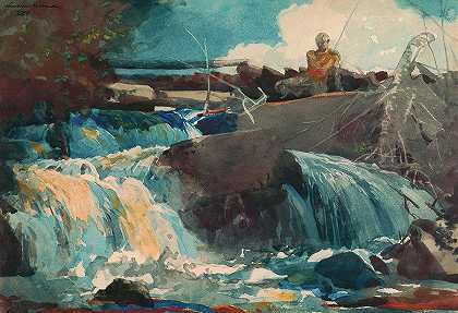 1889年《瀑布》中的演员`Casting in the Falls, 1889 by Winslow Homer