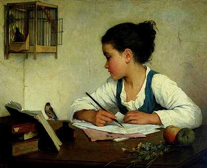一个女孩在写作，宠物金翅雀，1870年`A Girl Writing, The Pet Goldfinch, 1870 by Henriette Browne