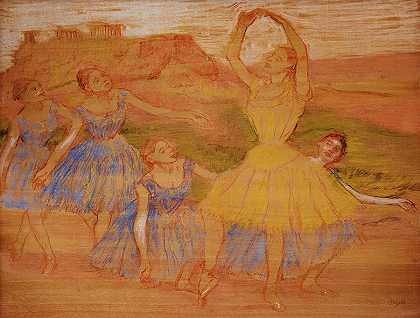 舞蹈团，1895-1897`Group of Dancers, 1895-1897 by Edgar Degas