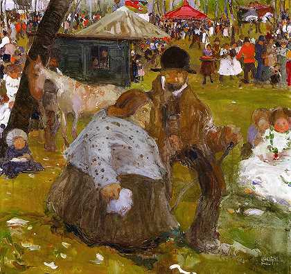 克拉科夫附近的五旬节假日集市`Pentecost Holiday Fair near Cracow (1906) by Witold Wojtkiewicz