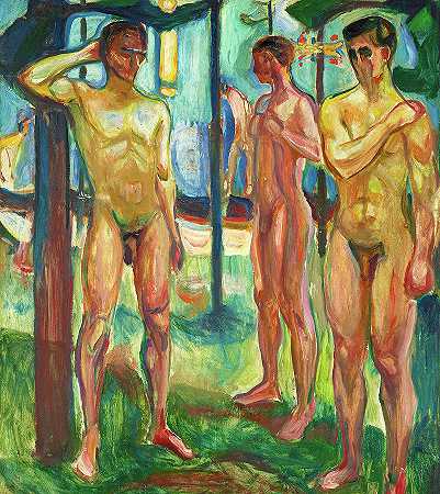 风景中的裸男`Naked Men in Landscape by Edvard Munch