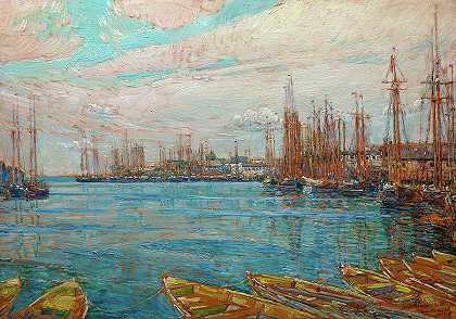 千桅港，1919年`Harbor of a Thousand Masts, 1919 by Childe Hassam