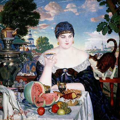 商人她妻子在喝茶`Merchants Wife at Tea by Boris Kustodiev