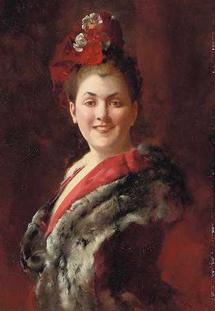 披着毛皮衬里斗篷的女士`A lady in a fur~lined cape by Gustave Jean Jacquet