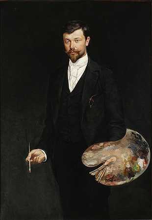 带调色板的自画像`Self~portrait with palette (1895) by Wincenty Wodzinowski