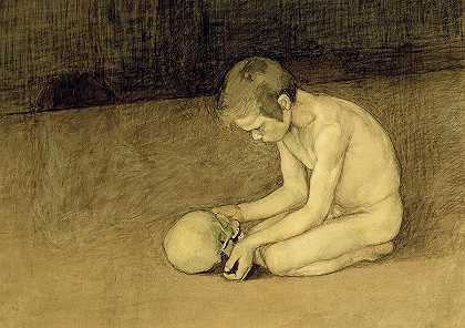 1893年的骷髅男孩`Boy with Skull, 1893 by Magnus Enckell