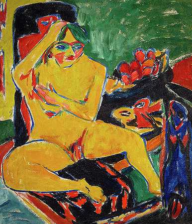 1910年在工作室裸体`Nude at the Studio, 1910 by Ernst Ludwig Kirchner