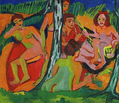 森林景观，莫里茨堡湖`Forest Scene, Moritzburg Lakes by Ernst Ludwig Kirchner