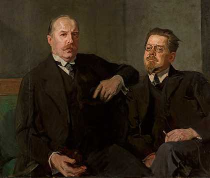 韦森霍夫和瓦迪斯瓦雷蒙特的肖像`Portrait of Weysenhoff and Władysław Reymont (circa 1918) by Stanisław Lentz