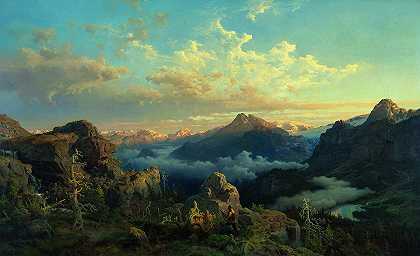日出中的挪威高地`Norwegian Highlands in Sunrise by Hans Gude