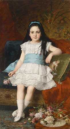 一位身穿白色连衣裙、系着蓝色腰带的女孩的肖像`Portrait of a girl in a white dress with a blue sash (1883) by György Vastagh