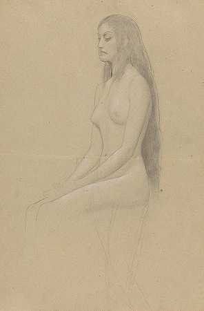 坐着的裸体女性，左侧留着长长的开放式头发`Sitzender weiblicher Akt mit langem offenen Haar nach links by Gustav Klimt