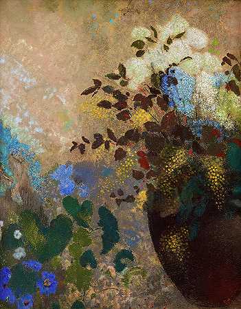 黑花瓶里的花，1909-1910年`Flowers in a Black Vase, 1909-1910 by Odilon Redon
