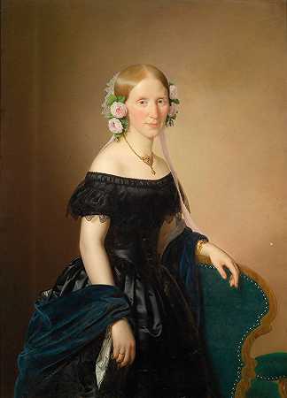 一位头发上插着玫瑰的女士的肖像`Bildnis einer Dame mit Rosen im Haar (1854) by Joseph Weidner