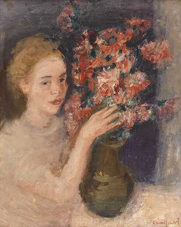 摆满鲜花的女孩`Girl At A Table With Flowers by Joachim Weingart