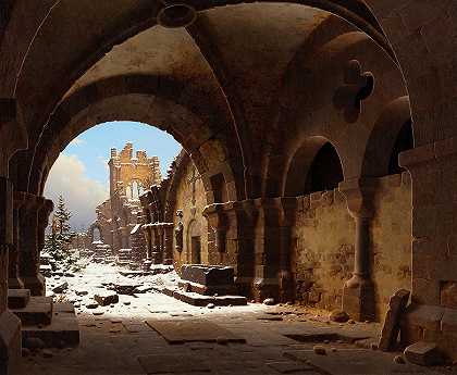 1848年冬天的教堂废墟`Church Ruin in Winter, 1848 by Carl Georg Adolph Hasenpflug