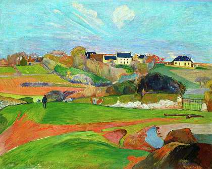 布列塔尼勒普尔杜风景`Landscape at Le Pouldu, Brittany by Paul Gauguin