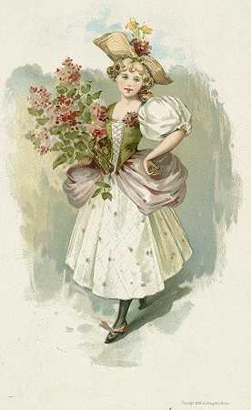紫丁香女孩`Girl with Lilacs (ca. 1885) by Louis Prang